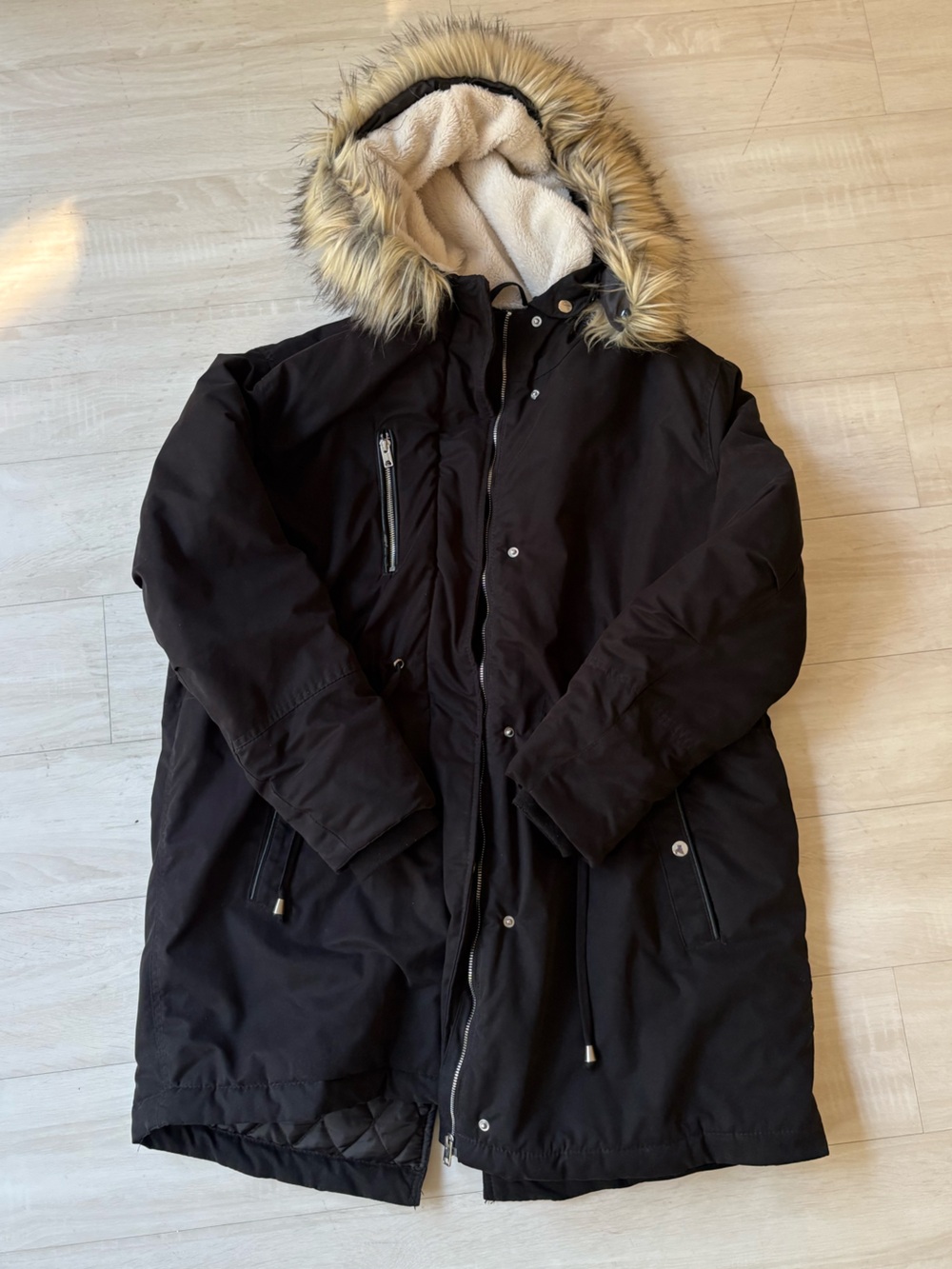 H&M Women's Black Knee-Length Faux Parka Coat